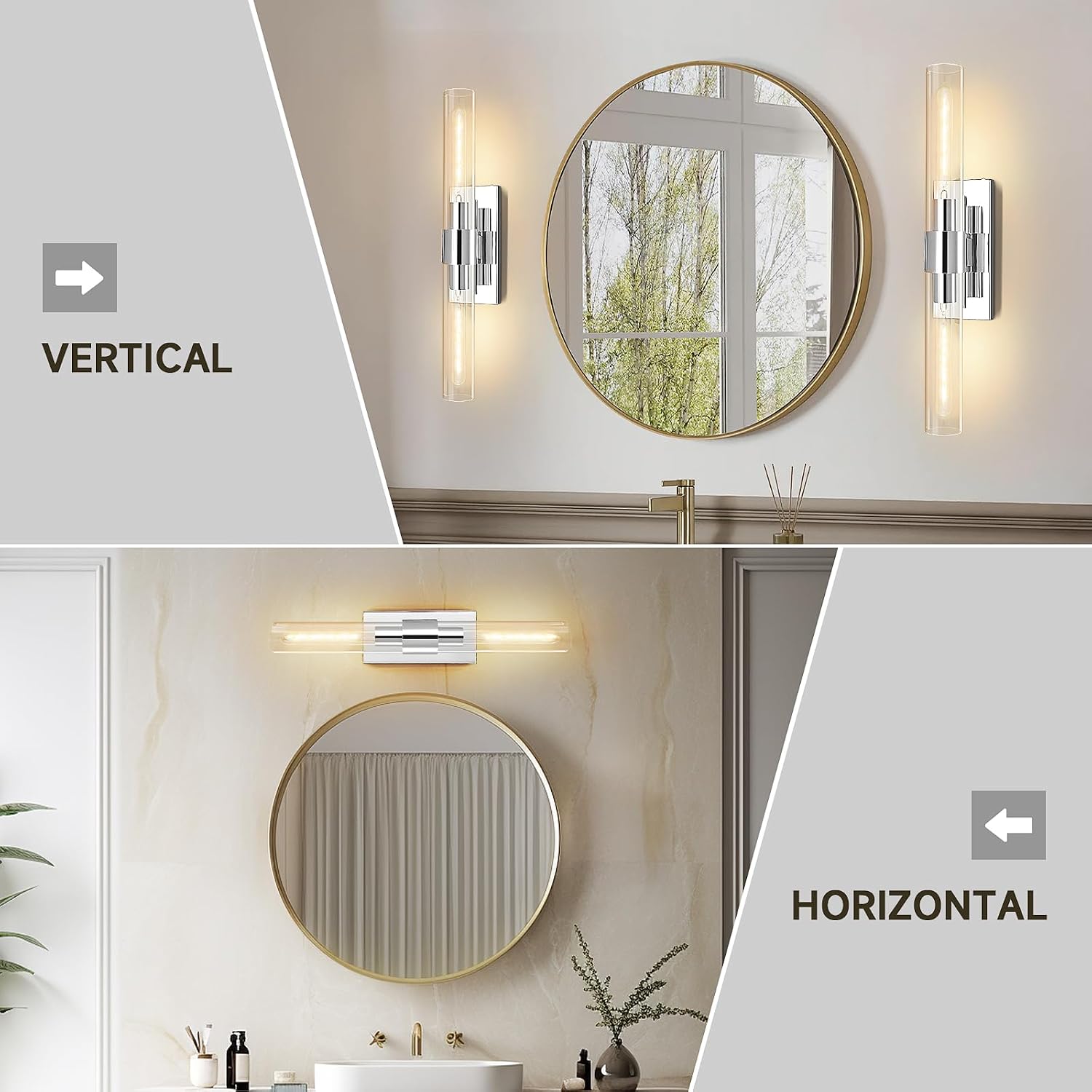 Wall Sconces Set of 2, 22.8' Chrome Bathroom Sconces, Indoor Sconces Lighting with Glass, Nickel Vanity Lights with Tube, Dimmable Bedroom Bedside Wall Light for Dressing Table Staircase