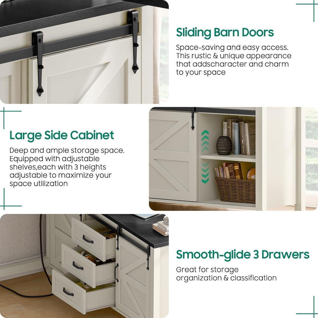 Executive L Shaped Office Desk with Drawers, Farmhouse Corner Desk for Home Office with Storage Cabinet, Computer Desk with Charging Station, Reversible Study Writing Table Workstation, Rustic White