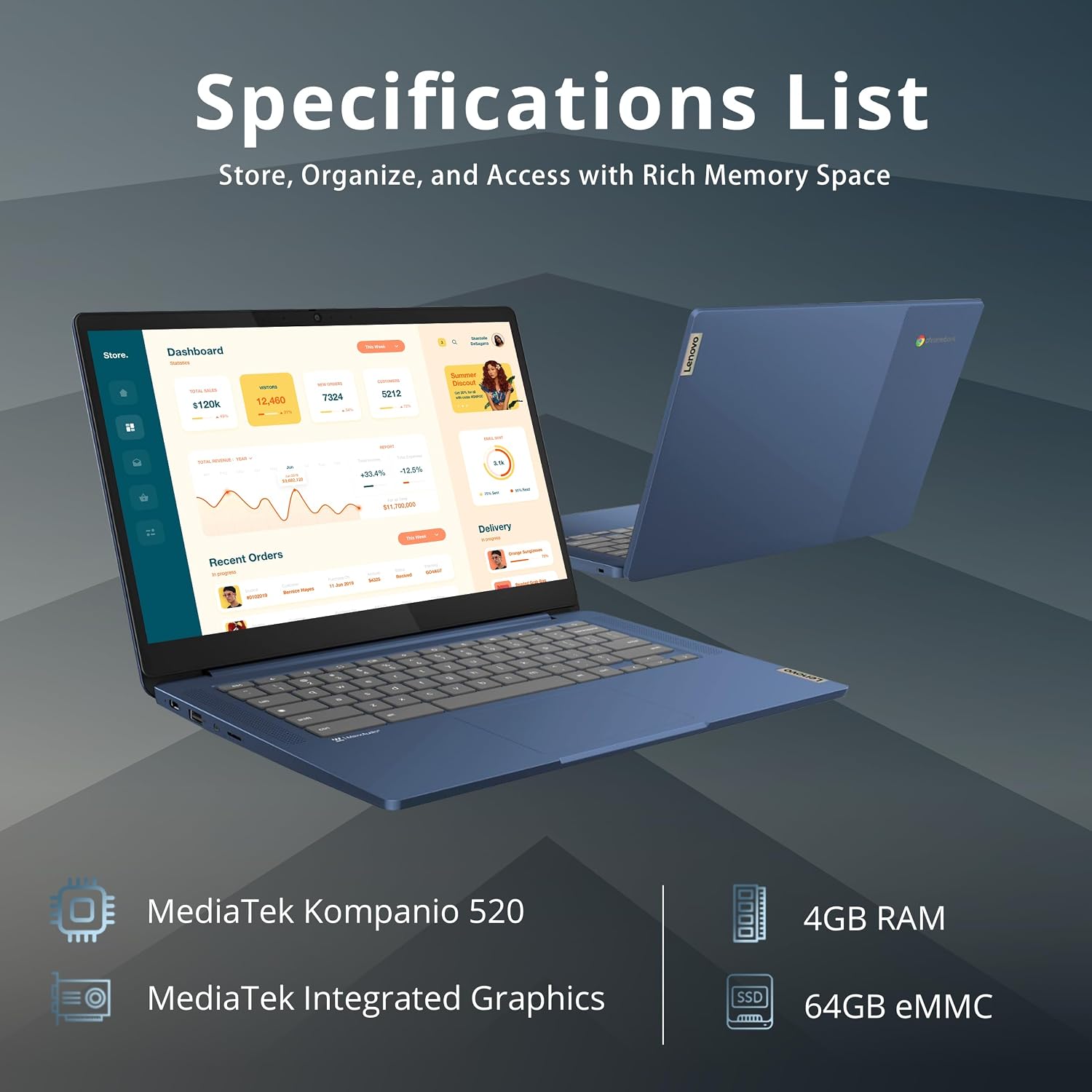 Lenovo IdeaPad Slim 3 Chromebook, 14″ FHD IPS Touchscreen Laptop, MediaTek Kompanio 520, 4GB LPDDR4X, 64GB eMMC, HD Camera, WiFi 6, Chrome OS, Abyss Blue (Renewed)