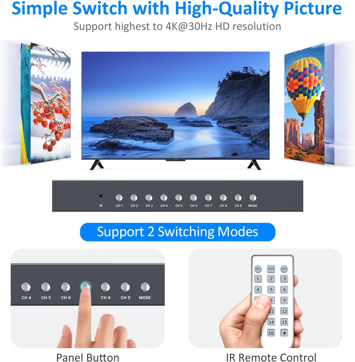 4K HDMI Multiviewer 9x1, 4K@30Hz Seamless HDMI Switcher 9 in 1 Out w/IR Remote, Multiple Display Modes for Laptops/PC/Set-up Box/Security Camera/PS5