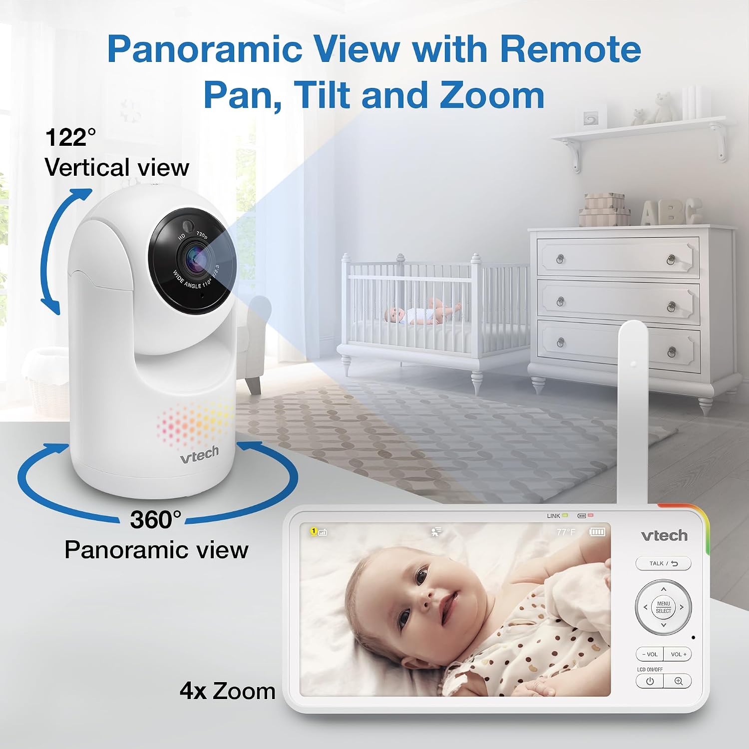 VTech Baby Monitor with 2 Cameras No WiFi & 5.5' IPS Split Screen, Remote Pan Tilt Zoom – 13Hr Video Battery, 1000ft Range, Night Vision, Night Light, Two-Way Talk | Advanced HD Plus Twin
