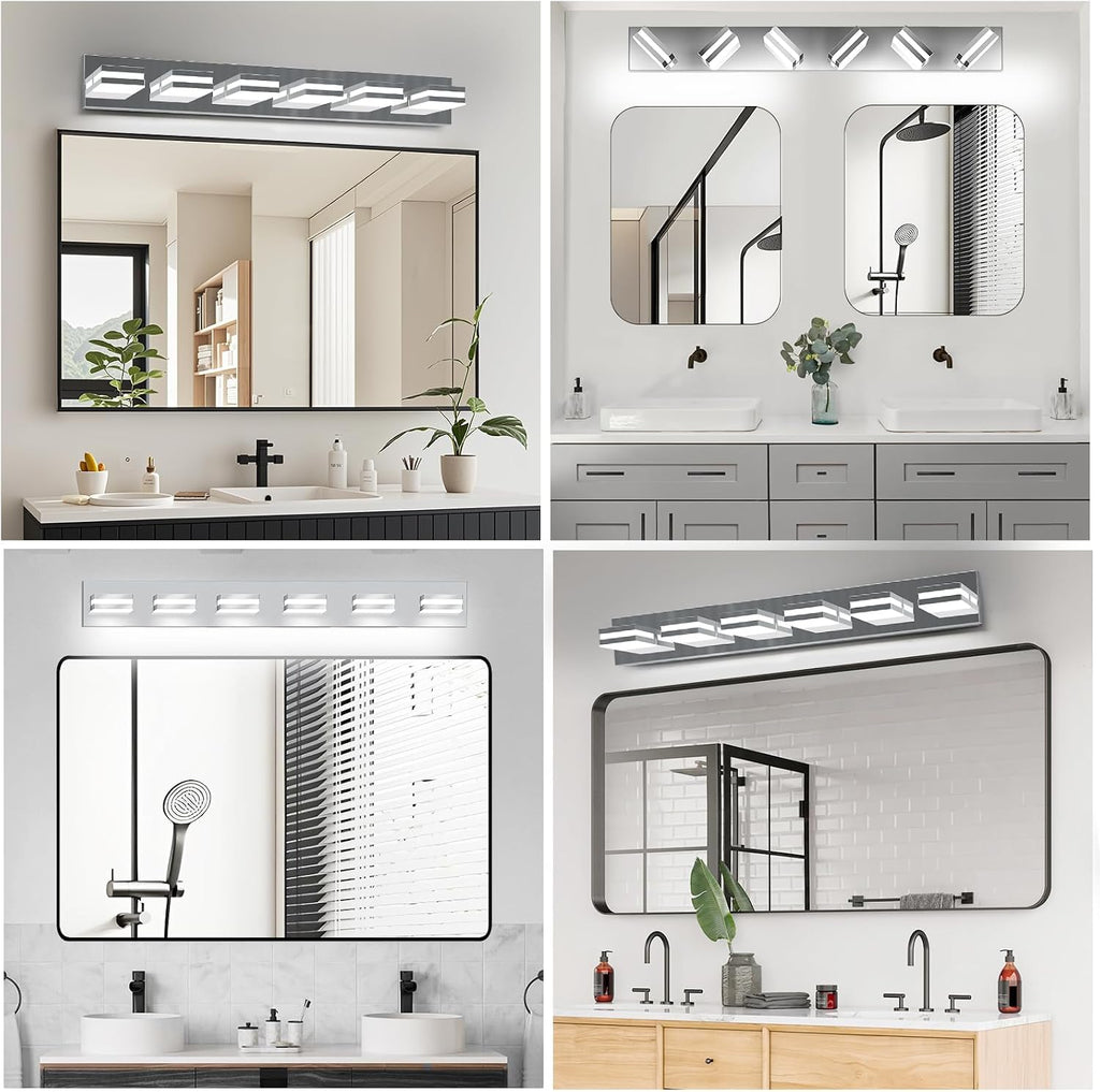 IZORRO LED Modern Bathroom Lights Fixtures(6-Light,Dimmable,360°Rotate),Chrome Acrylic Wall Lighting,Vanity Lights for Bathroom Over Mirror - 6000k 36In （No Assembly Required）