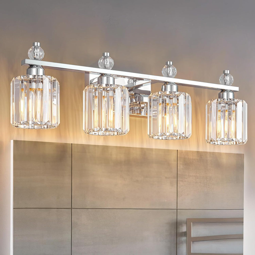 Bathroom Vanity Lights 4-Light Chrome Modern Crystal Vanity Light Fixtures Over Mirror Crystal Bathroom Vanity Lighting Fixtures