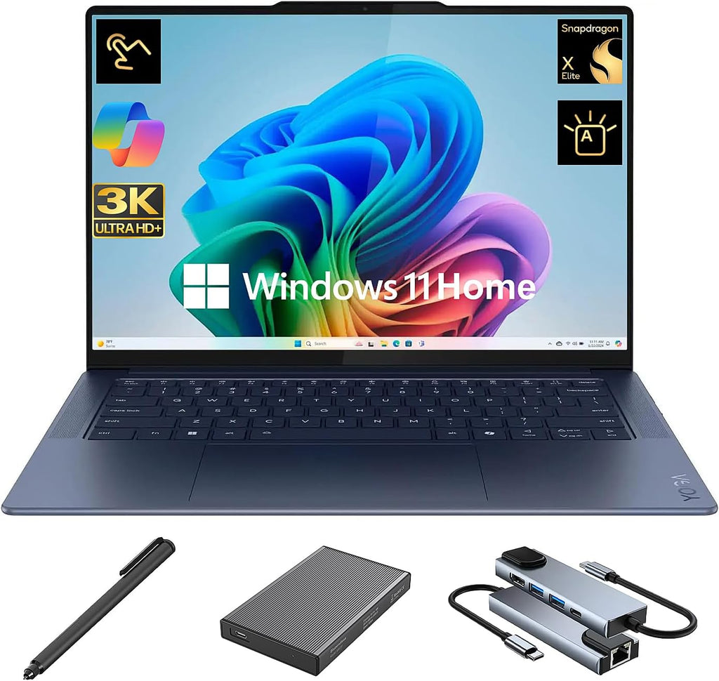 Lenovo Yoga Slim 7X 3K OLED Touchscreen Laptop, 14.5' 1000 nits Display, Snapdragon X Elite 12-Core NPU Copilot+ PC, 16GB RAM, 512GB SSD + 500GB Portable Drive, WiFi 7, Backlit, Stylus Pen, Win 11
