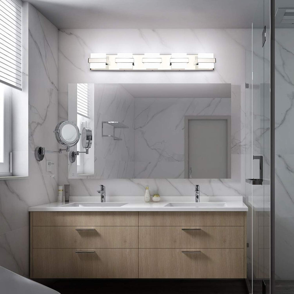 SOLFART Chrome 5 Light Bathroom Vanity Lights Over Mirror, Modern Chrome Bathroom Light Fixtures LED Lights Dimmable