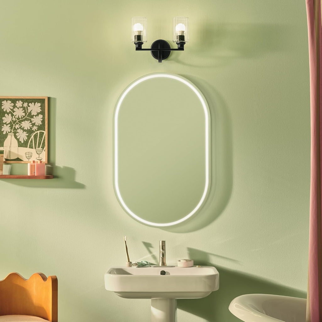 Kichler Gioe 14.25' 2-Light Bathroom Vanity Light Fixture with Clear Fluted Glass in Black, Damp Rated for Powder Room Over Mirror (14.25' W x 10.5' H), 55225BKFLU