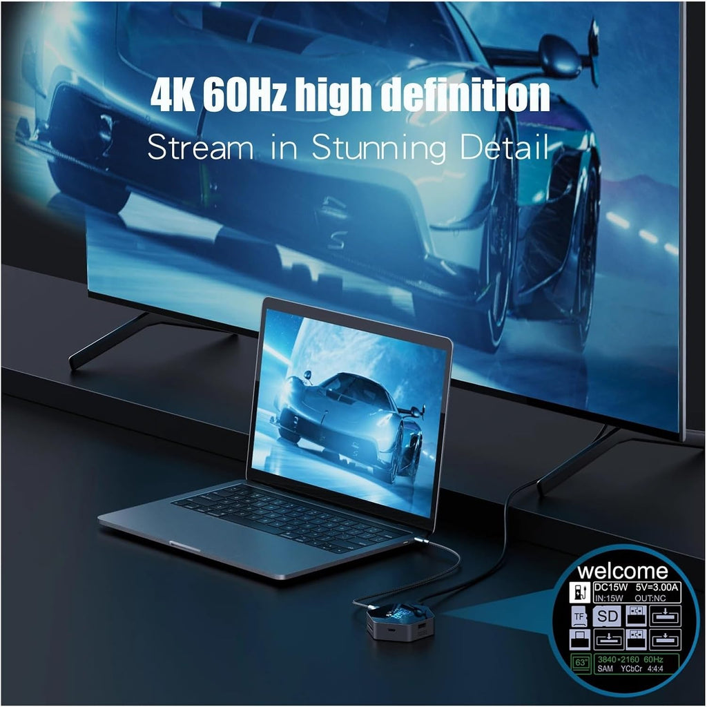 USB HUB Docking Station Type-C Display 60 8 in 1 Multi Port Hub Splitter PD Charging USB Extender