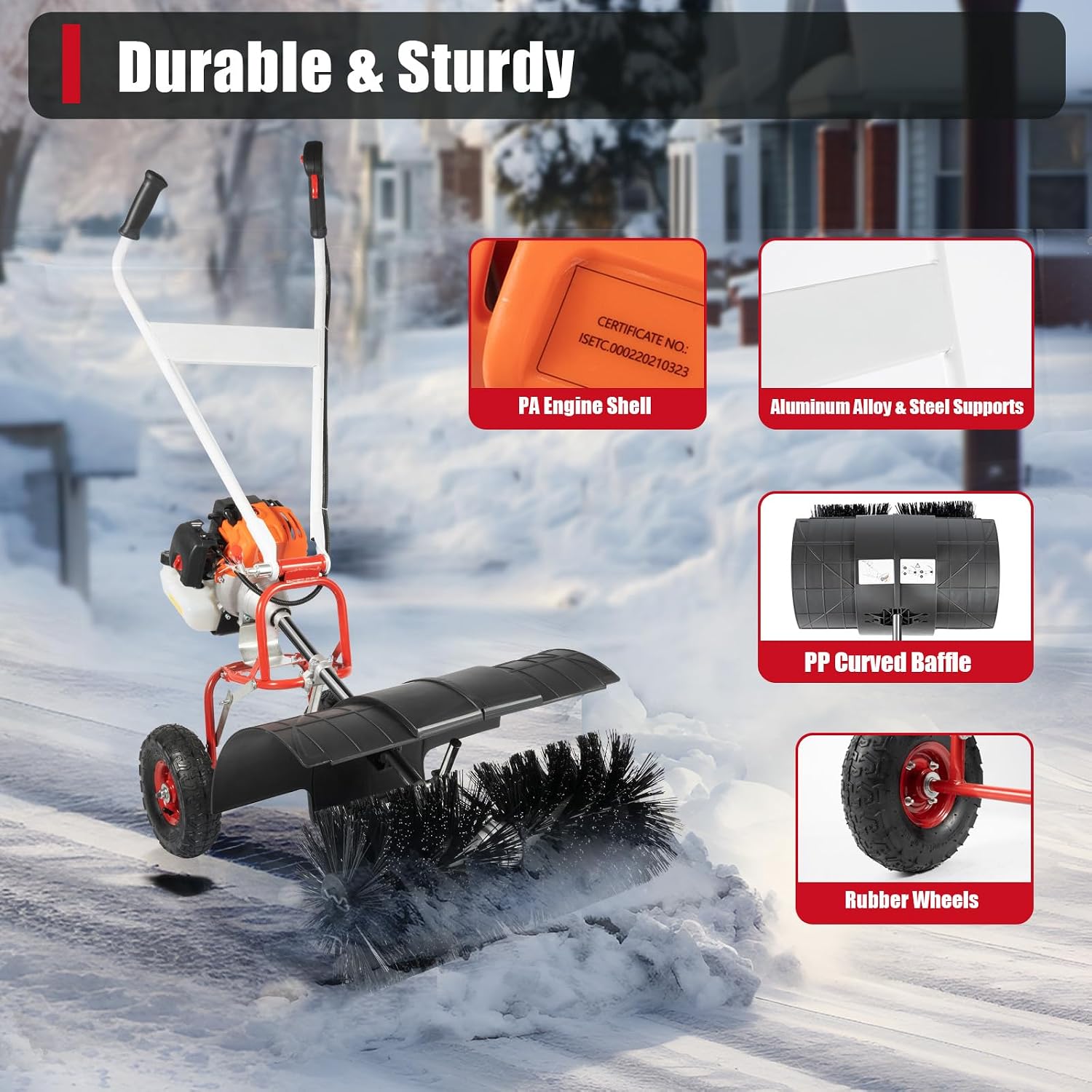 52CC 2.5HP Gas Power Sweeper,2-Stroke 2.5HP Air-Cooled Fuel Engine Sweepers,Hand Push Snow Leaves Cleaning Sweeper Broom Driveway Lawns Artificial Grass for Artificial Turf, Lawn, Sidewalk, Driveway