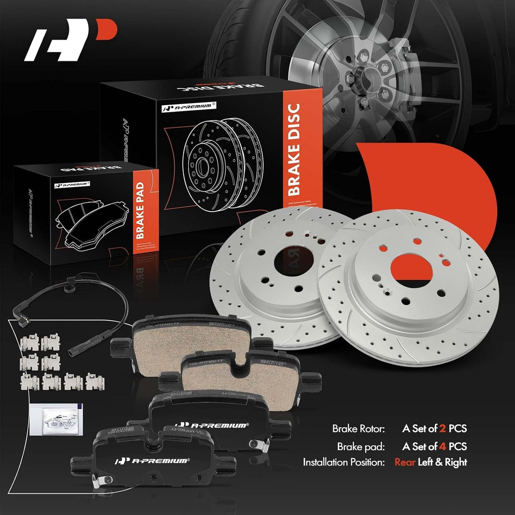 A-Premium 13.58 inch (345mm) Rear Drilled and Slotted Disc Brake Rotors + Ceramic Pads Kit Compatible with Select Chevy, GMC and Cadillac Models - Silverado 1500, Tahoe, Sierra 1500, Yukon, 6-PC Set