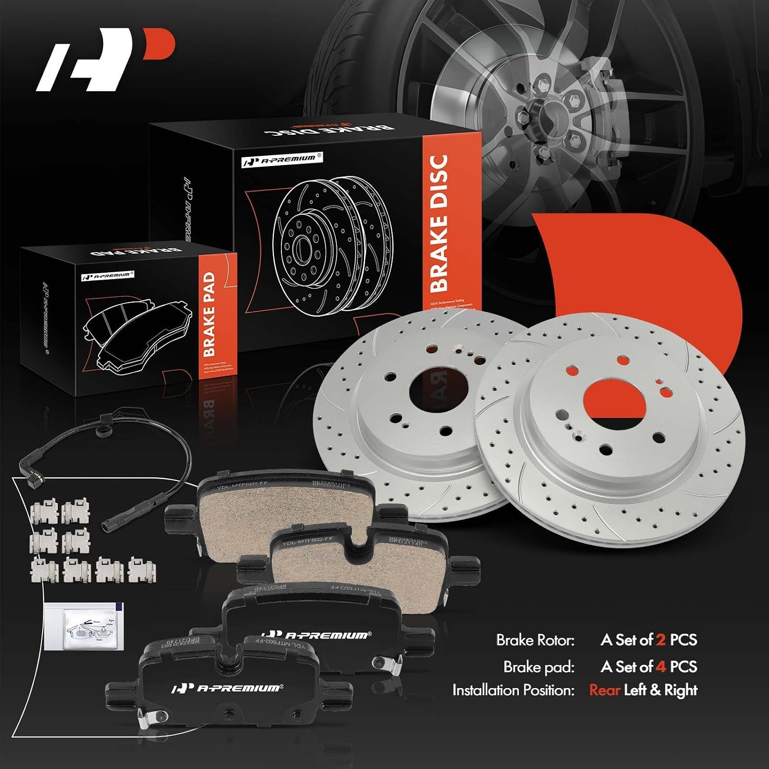 A-Premium 13.58 inch (345mm) Rear Drilled and Slotted Disc Brake Rotors + Ceramic Pads Kit Compatible with Select Chevy, GMC and Cadillac Models - Silverado 1500, Tahoe, Sierra 1500, Yukon, 6-PC Set