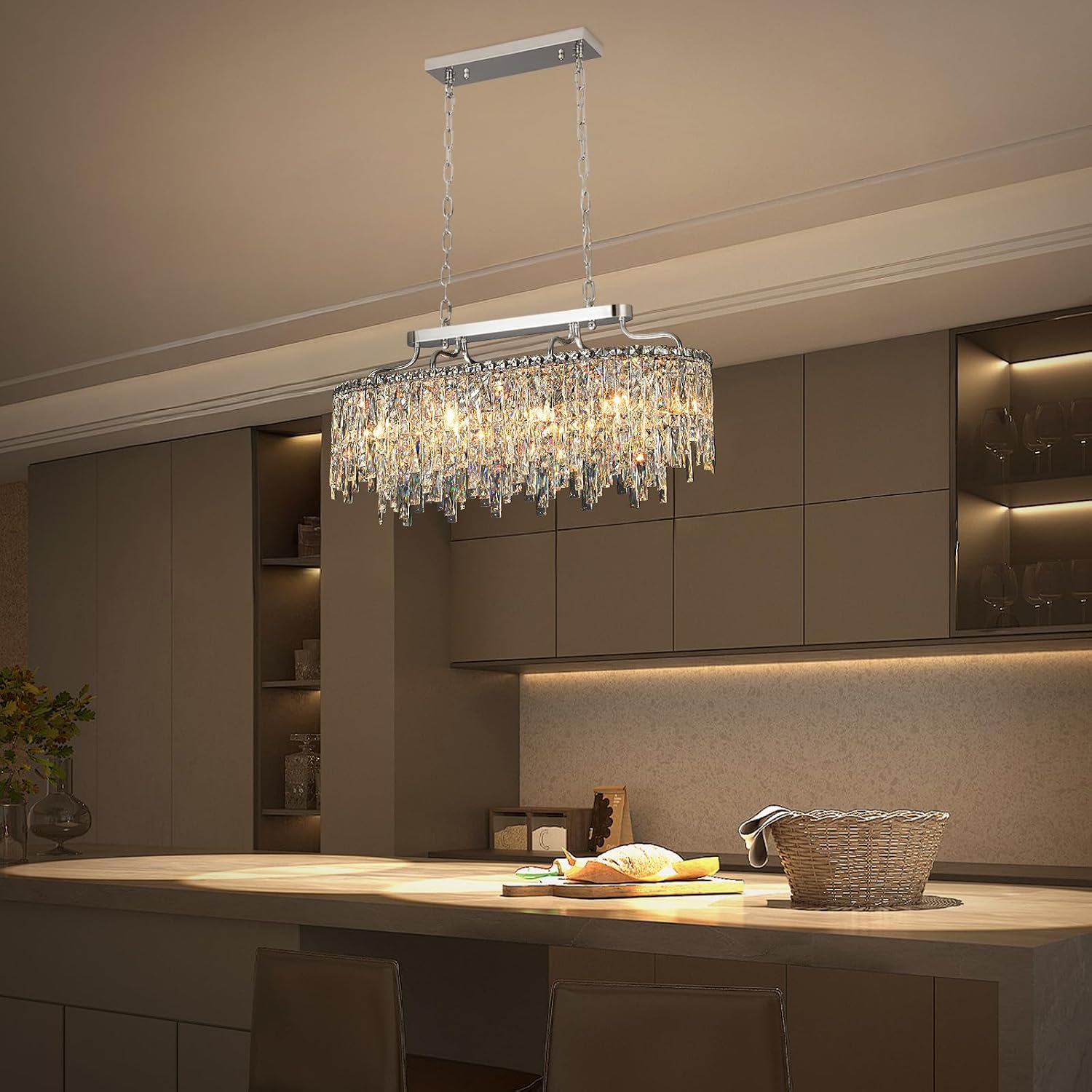 10 Light Crystal Chandelier | Chrome Oval-Shaped Crystal Chandeliers for Dining Room Light Fixture, 32' Modern Ceiling Lighting Fixture for Dining Room Kitchen Island Bar