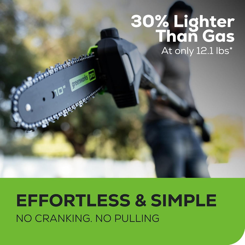 Greenworks 60V 10' Brushless Cordless Pole Saw, 14.5 Ft. Reach, 2.0Ah Battery & Charger