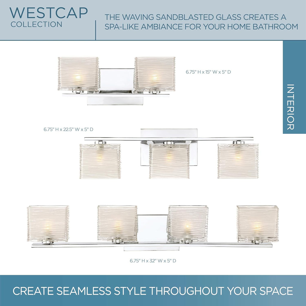 Quoizel Westcap Modern Vanity Lights, 2-Light, 15 Inch Polished Chrome Bathroom Lighting Fixtures Over Mirror, Sandblasted Glass, G9 Bulb, Transitional Wall Light for Bathrooms, Kitchen or Hallway
