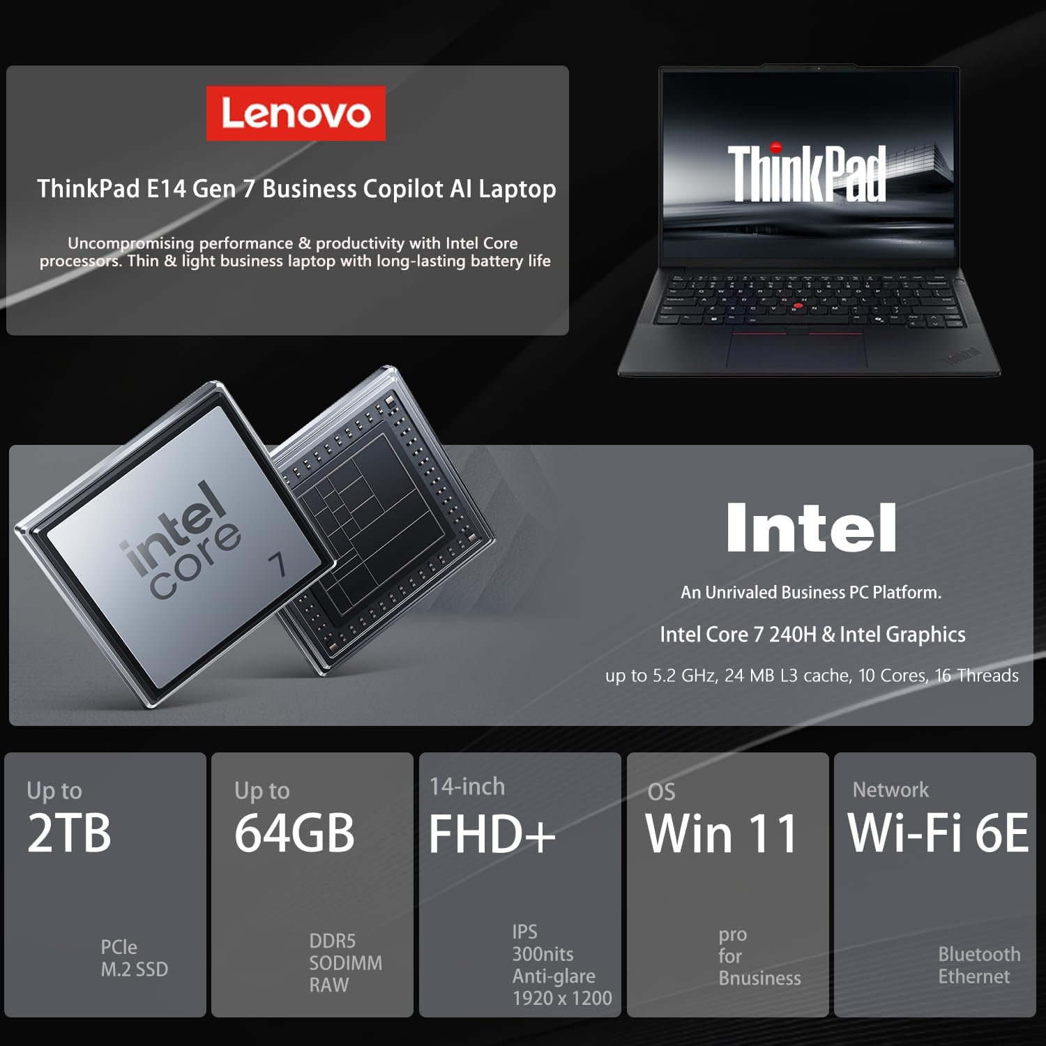 Lenovo ThinkPad E14 Gen 7 Business Laptop, 14' FHD+ Touchscreen, Intel Core 7 240H, 32GB DDR5, 1TB SSD, Fingerprint, Backlit, HDMI, 1080p Webcam, Wi-Fi 6E, Windows 11 Pro, Bundle w/ 7-in-1 USB-C Hub