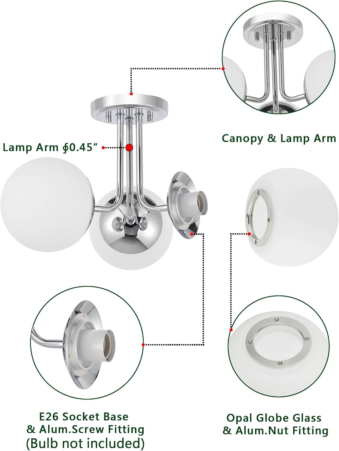 3 Light Semi Flush Mount Chrome Ceiling Light Fixture, Modern Globe Chandelier, Sputnik Farmhouse Lighting for Kitchen Bedroom Bathroom Living Room Corridor Laundry Room Bar
