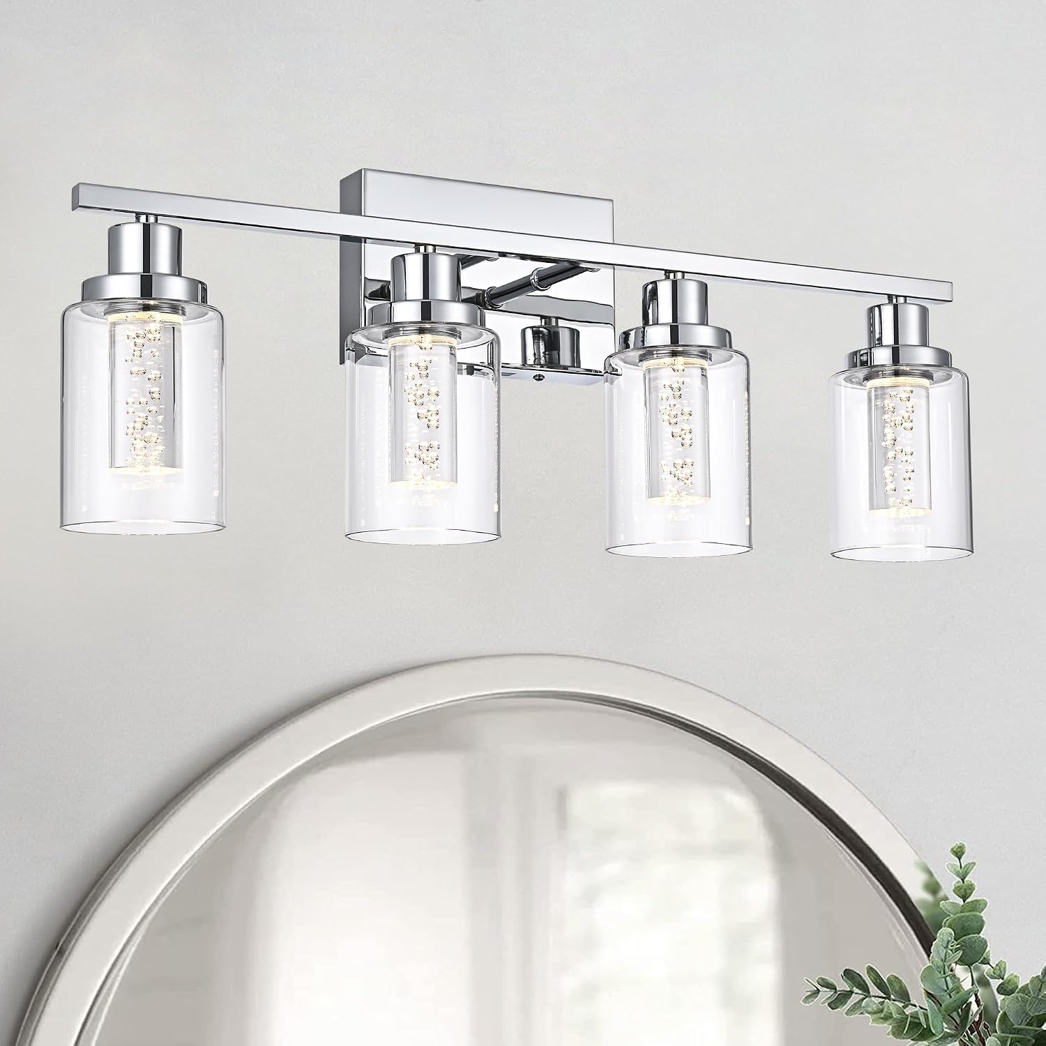 MELUCEE 5 Color Dimmable LED Bathroom Light Fixtures 4 Light Chrome Vanity Lights Bathroom Lights Over Mirror Wall Light Fixtures with Crystal Bubble Clear Glass Shade, Built-in LED Chips