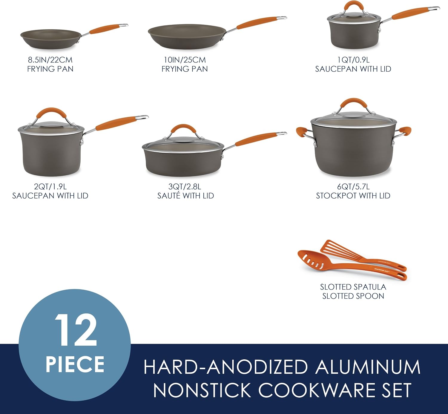 Rachael Ray Cucina Dishwasher-Safe Hard-Anodized Pots and Pans Set Non Stick Cookware, 12 Piece, Gray with Orange Handles