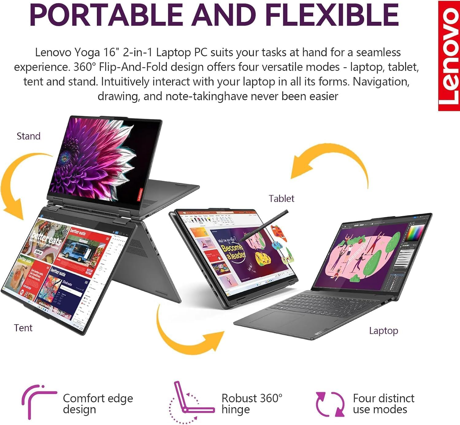 Lenovo Yoga 7i 2 in 1 Laptop Touchscreen, 16' FHD+ 360 Foldable Touch Screen Convertible, Intel Core Ultra 7, Windows 11 Pro, 16GB DDR5 RAM 1TB SSD, Backlit 10-Key, Fingerprint