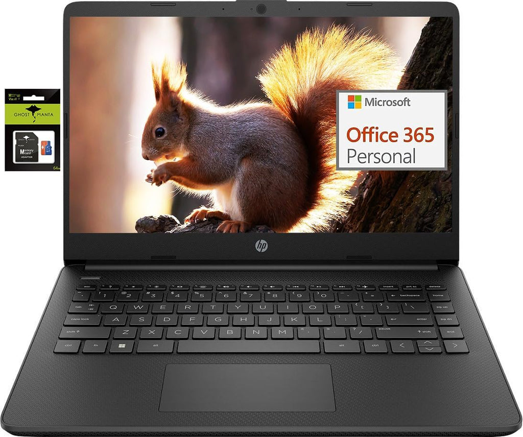 HP 14 Premium HD Portable Laptop Computer Students Business, Quad-Core Intel Celeron Processor, 8GB RAM, 256GB Storage(128GB eMMC+64GB Ghost Manta SD Card), 1 Year Office 365, HDMI, Win 11