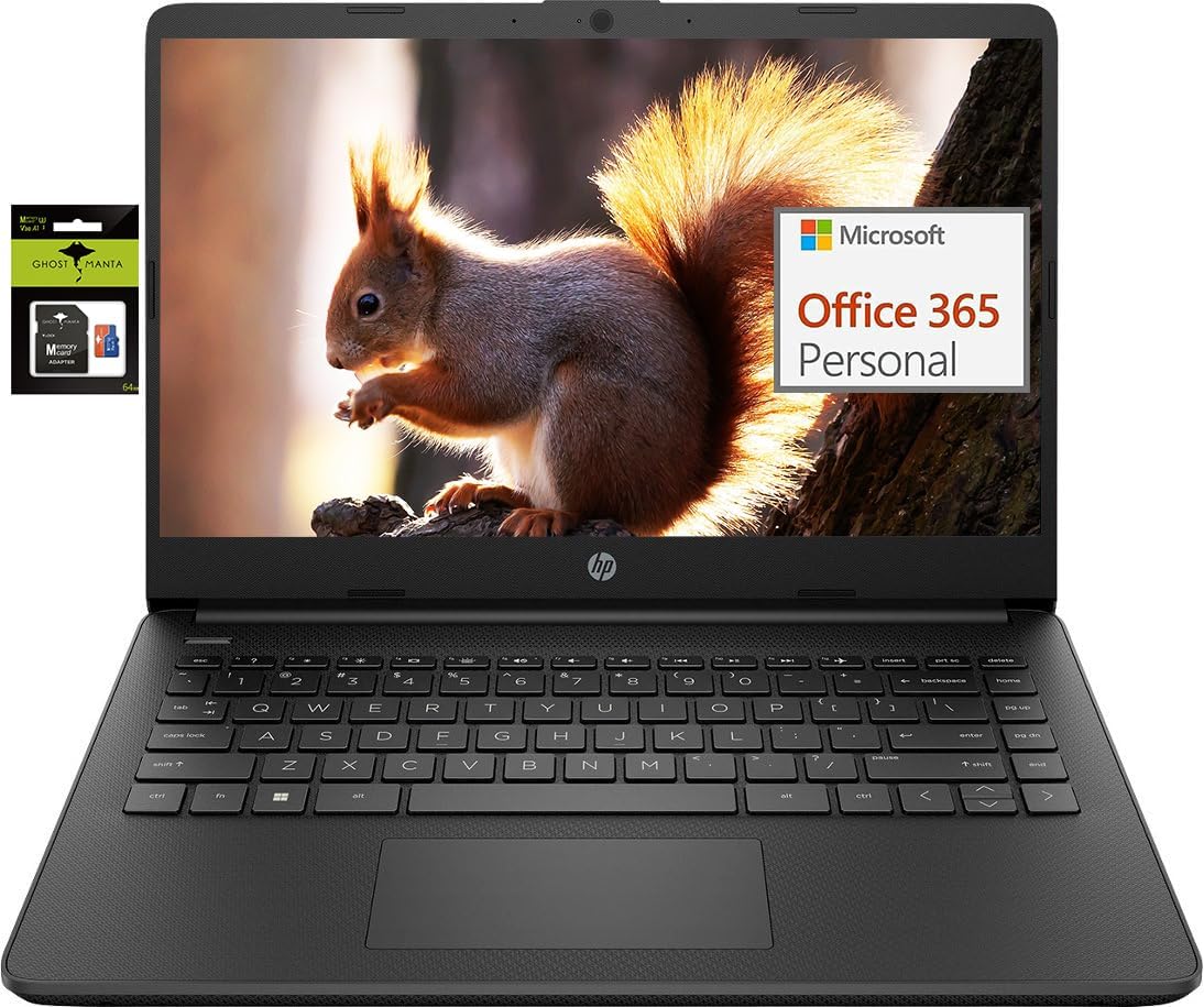 HP 14 Premium HD Portable Laptop Computer Students Business, Quad-Core Intel Celeron Processor, 8GB RAM, 256GB Storage(128GB eMMC+64GB Ghost Manta SD Card), 1 Year Office 365, HDMI, Win 11