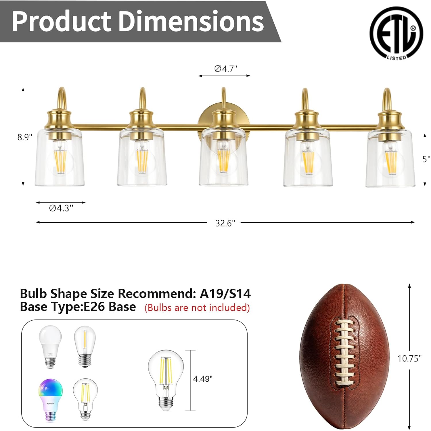 5 Lights Bathroom Light Fixtures Modern Gold Vanity Lights for Bathroom Lighting Fixtures Over Mirror with Clear Glass Shade for Cabinet Mirror Bedroom Hallway