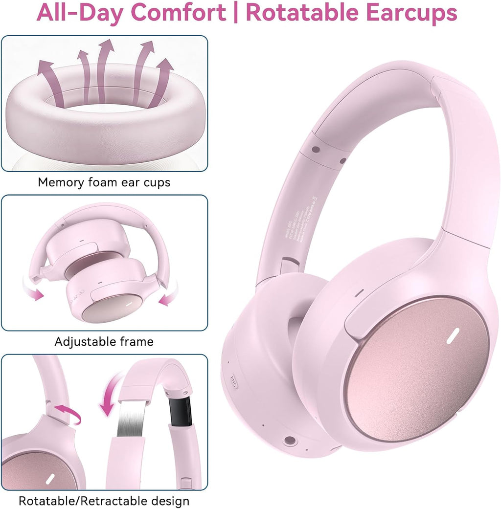Hybrid ANC Wireless Over-Ear Headphones, 100H Playtime, Hi-Res Audio, Bluetooth 6.0, Multi-Mode Noise Cancellation, Comfort Fit, iOS & Android Compatible, Foldable Design, Travel-Friendly (Pink)