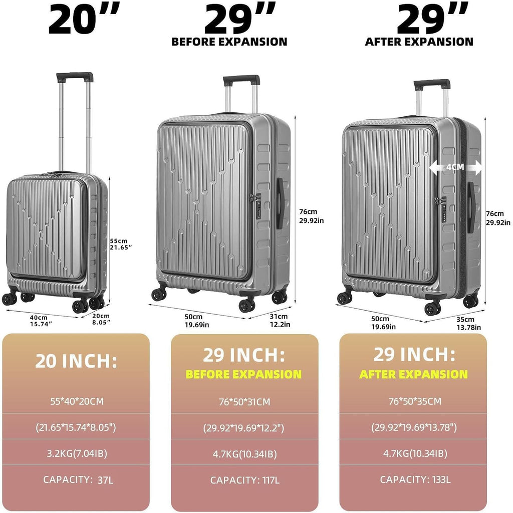 Kaleenie 29 Inch Luggage with Expansion & Side Opening Design, 50 * 31(35)*76cm, 117L~133L Ligthweight ABS+PC Hardshell Checked Suitcase, Gray