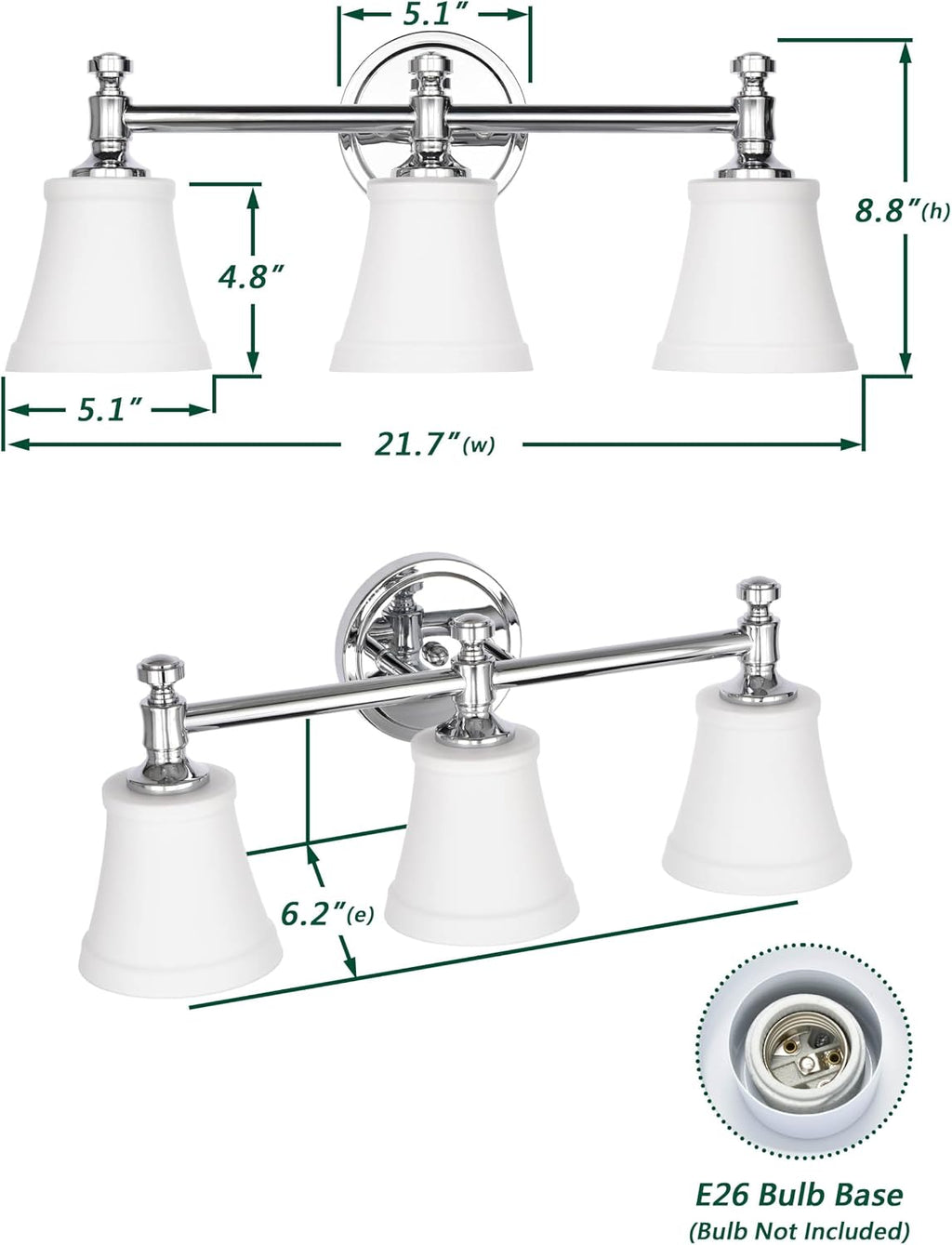 Bathroom Vanity Light Fixtures, Traditional Chrome 3 Lights Wall Sconce Lighting with Opal Glass Shade, Porch Wall Mount Light Fixture for Bathroom, Mirror Cabinets Hallway Stairs