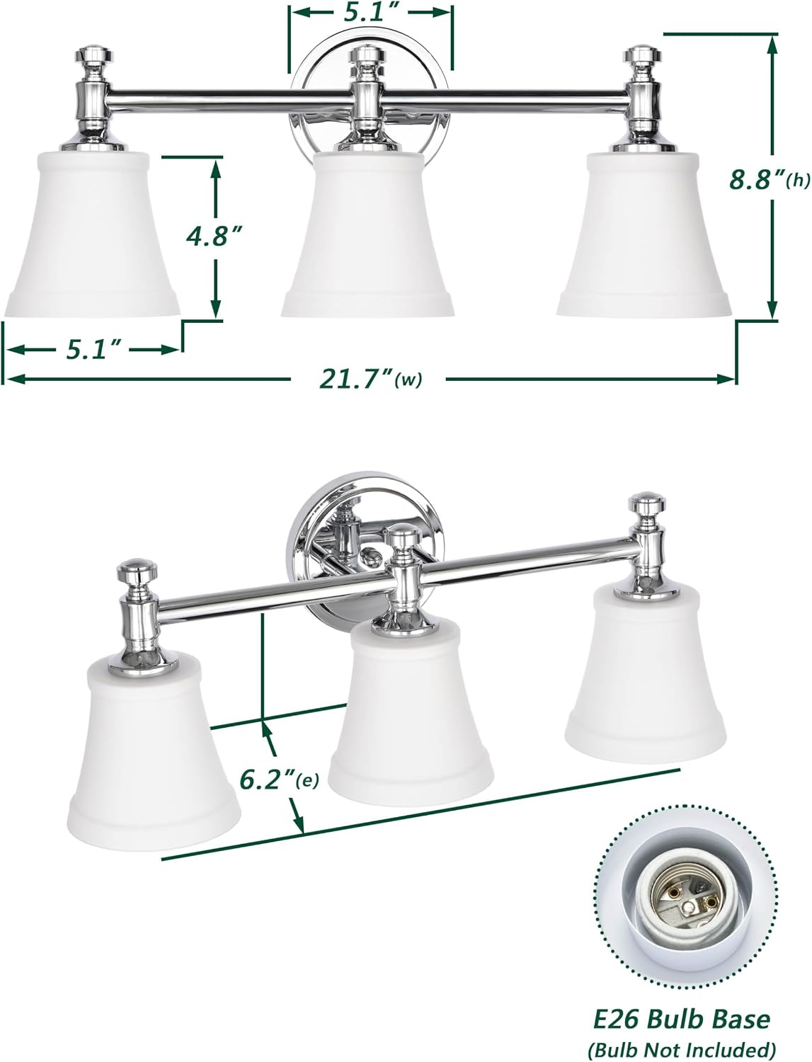 Bathroom Vanity Light Fixtures, Traditional Chrome 3 Lights Wall Sconce Lighting with Opal Glass Shade, Porch Wall Mount Light Fixture for Bathroom, Mirror Cabinets Hallway Stairs