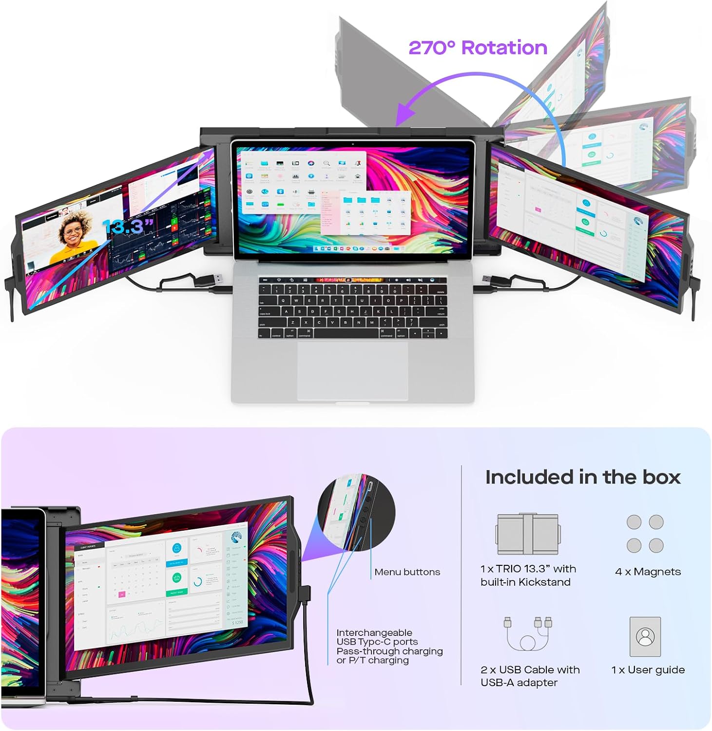 Mobile Pixels New Trio Portable Monitor, 13.3 '' 1080P FHD, Triple Monitor for Laptop, Plug and Play, Built-in Kickstand, Optional Magnets, Support Wins/Mac/Android/Switch, Work with 13-14.5' Laptops