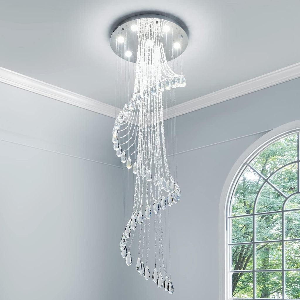 Saint Mossi 7-Lights K9 Crystal Chandelier, Raindrop Chandelier Light Fixture, Modern High Ceiling Lighting, Modern Pendant Light Flush Mount Ceiling Light Fixture,H71 x D24