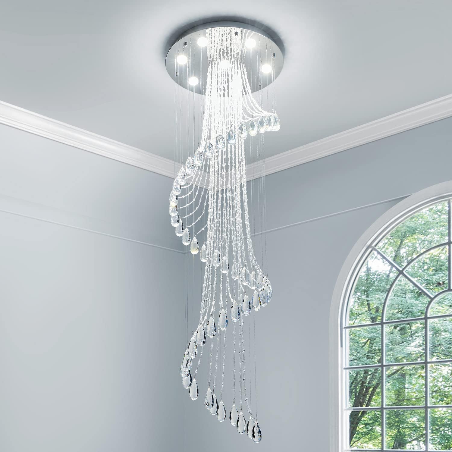 Saint Mossi 7-Lights K9 Crystal Chandelier, Raindrop Chandelier Light Fixture, Modern High Ceiling Lighting, Modern Pendant Light Flush Mount Ceiling Light Fixture,H71 x D24