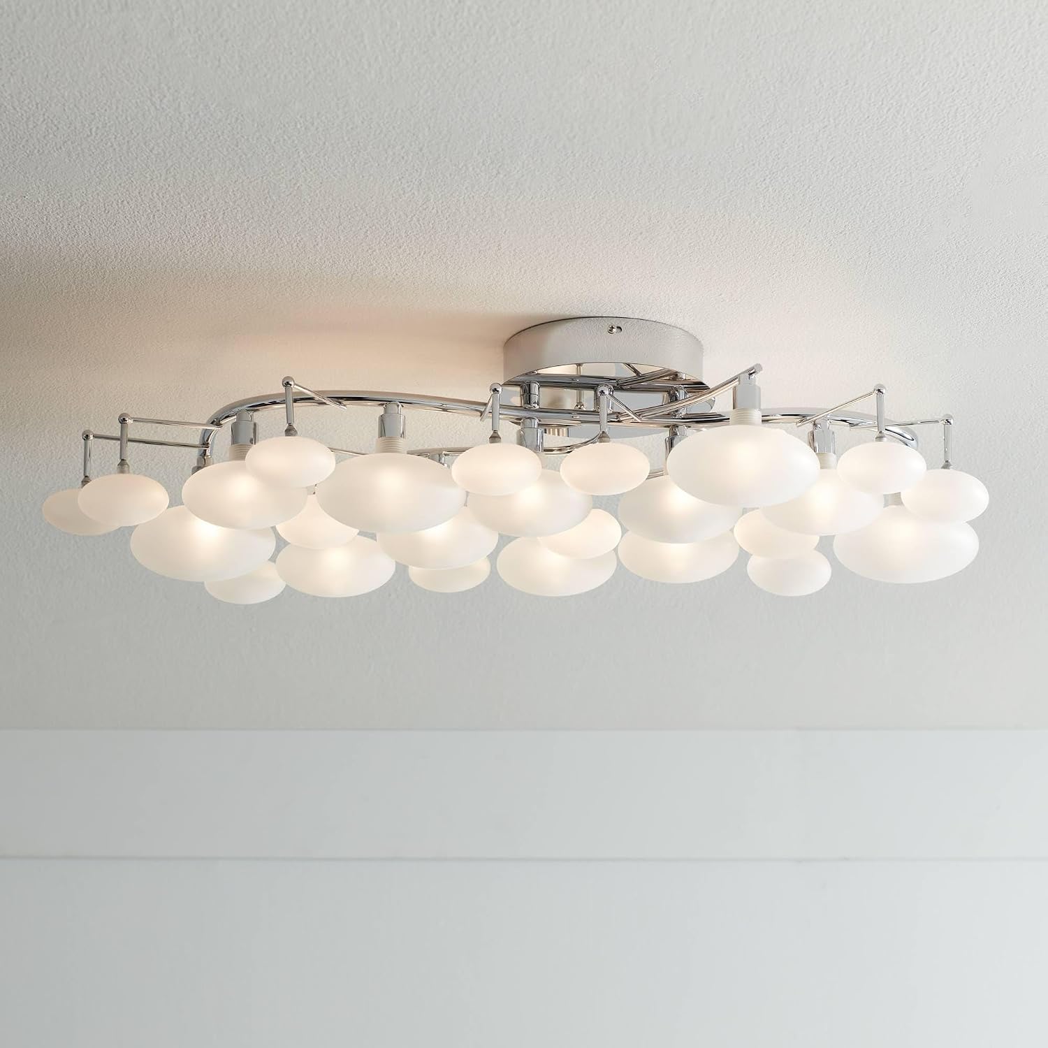 Possini Euro Design Lilypad Modern Ceiling Light Semi Flush-Mount Fixture 30' Wide Chrome 12-Light Frosted Opal Etched Glass for Bedroom Kitchen Living Room Hallway Dining Bathroom