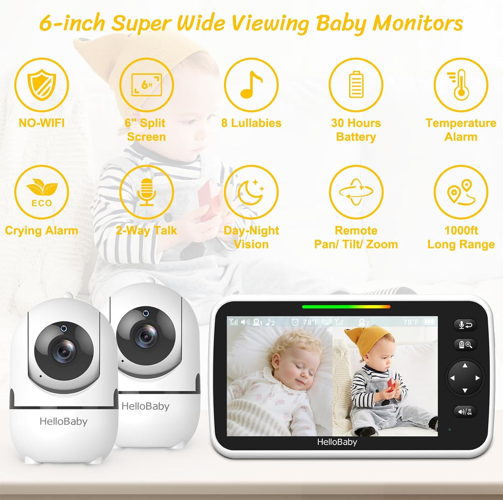 HelloBaby Baby Monitor 2 Cameras with a Floor Stand for Twins, 6'' IPS Split-Screen, 30H Battery No WiFi, 2-Way Audio Night Vision Pan-Tilt-Zoom, VOX 8 Lullabies 1000ft Range