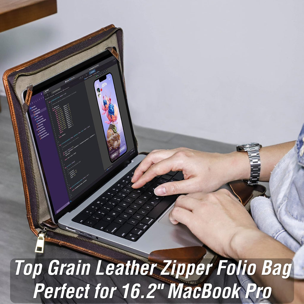 Top Grain Leather 16.2' Slim Laptop Zipper Folio Case Bag, Handmade & 2 Pockets, Compatible with MacBook Pro 16.2' A2485 M1 Max 15' Touch Bar A2141 A1707 Pro 16' Touch ID, Brown 16.2 Inch