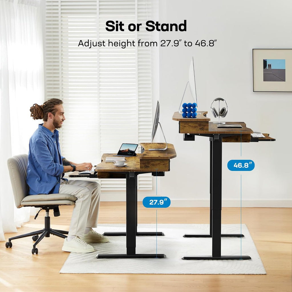 HUANUO 55' x 26' Electric Standing Desk with 2 Drawers & 26.7' Large Keyboard Tray, C-Clamp Mount Compatible, Adjustable Computer Desk for Home Office, Stand Up Desk with 4 Height Presets, Vintage
