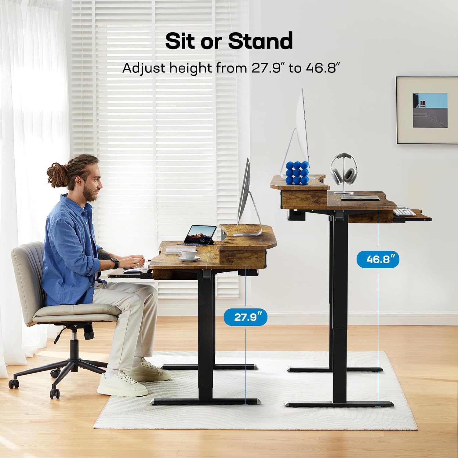 HUANUO 55' x 26' Electric Standing Desk with 2 Drawers & 26.7' Large Keyboard Tray, C-Clamp Mount Compatible, Adjustable Computer Desk for Home Office, Stand Up Desk with 4 Height Presets, Vintage