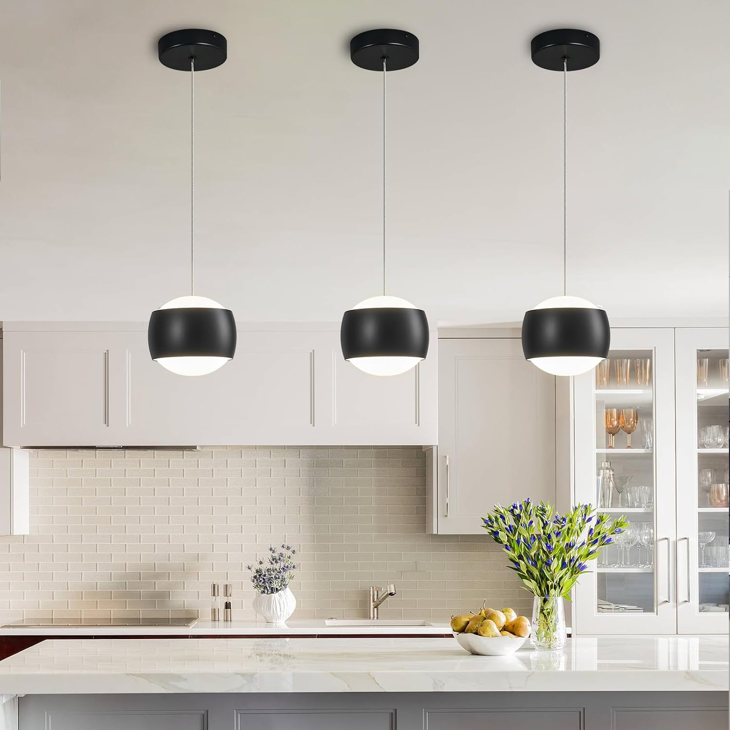 Modern Black LED Dimmable Pendant Light fixtures,6″ Island Pendant Lighting for Kitchen Island Dinning Room,Bedroom,Bar, Kitchen Island Ceiling Hanging Light Fixtures(black-1-Pack)