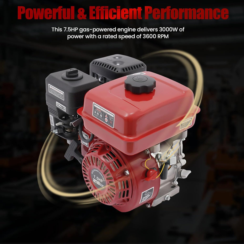 7.5HP Gas-Powered Engine 212CC, 4 Stroke 3000W Gas Engine Horizontal Shaft 0.95Gal Fuel Tank, Go Kart Engine for Water Pumps, Go-Karts, and Lawnmowers