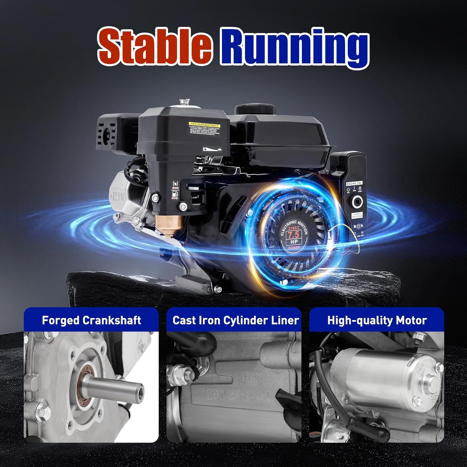 Gas Engine, 212CC 7.5HP Gas Engine Electric Start - Side Shaft Motor Gasoline Engine 3600RPM