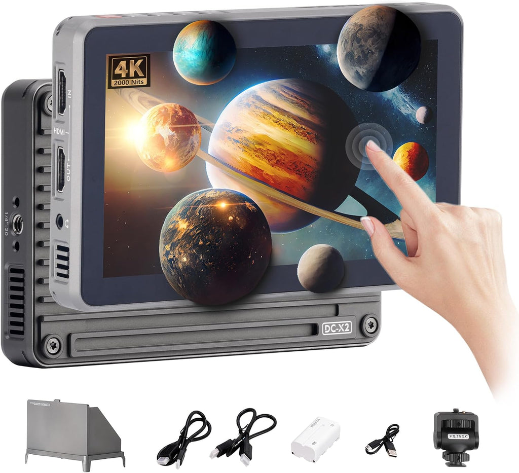 VILTROX DC-X2 6 Inch Touchscreen Camera Field Monitor, Professional Photographic Monitor 4K HDMI, 2000 nits, Camera Monitor with Battery, Sunshade Hood, 3D Lut, Peaking Focus Assist