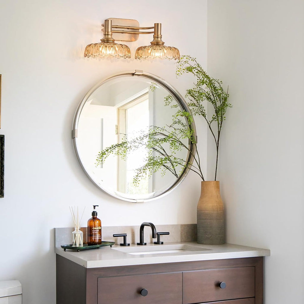 Vintage Bathroom Vanity Light Fixtures, 2-Light Brass Vanity Wall Light Over Mirror with Amber Glass Shade for Hallway Bedroom Living Room