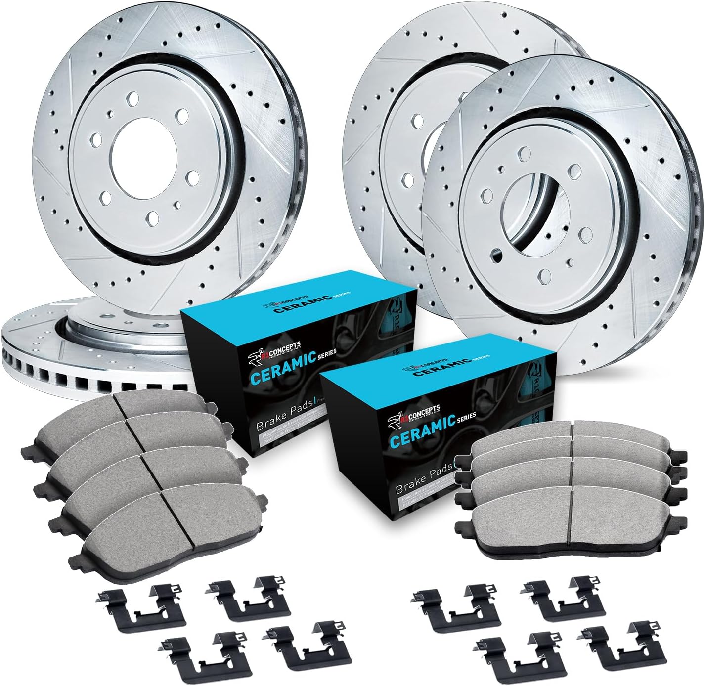 R1 Concepts Front and Rear Brake Kit Fits 2007-2020 Cadillac Escalade, Chevrolet Tahoe, GMC Yukon| Ceramic Pads, Drilled Slotted Rotors| Hardware| 13.0' Front & 13.6' Rear