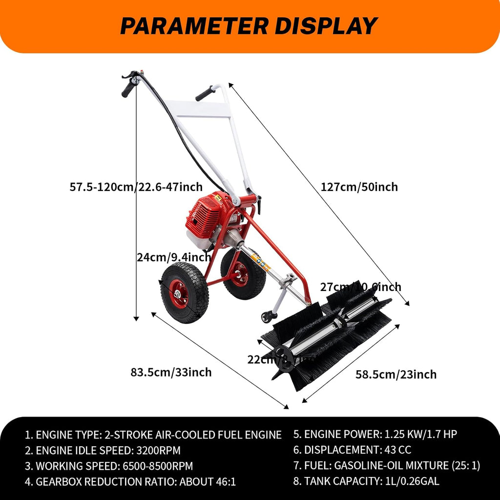 43CC 2 Stroke Outdoor Hand Held Gas Power Broom Gas Walk Behind Push Lawn Sweeper Handheld Walk Behind Sweeper Broom Artificial Turf Gas Power Sweeper 1.7 HP Gas Engine Turf Lawn Sweeper