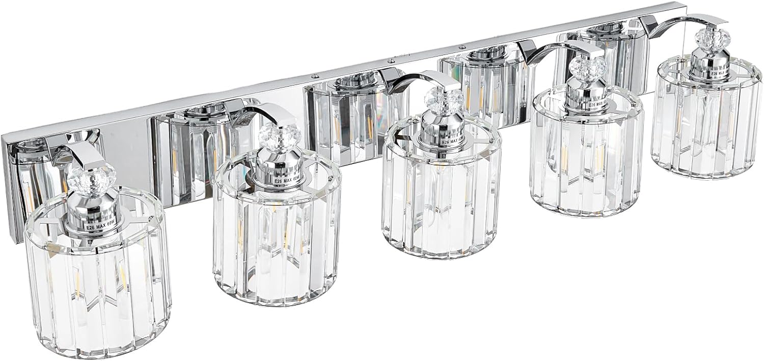 5-Light Modern Bathroom Light Fixture Chrome Vanity Lights Over Mirror Wall Sconce Lighting with K9 Crystal Shades Bathroom Wall Lamp E26 Base for Bedroom, Living Room, Hallway