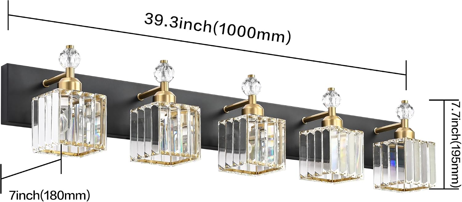 PRESDE Crystal 5 Light Bathroom Vanity Lights Modern Black and Gold Bathroom Lights Fixtures Over Mirror Modern Bath Wall Lighting