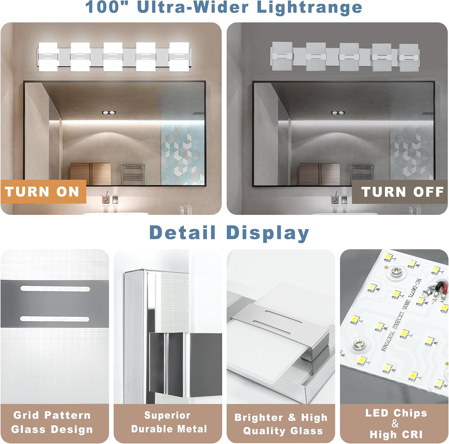 Modern Bathroom Vanity Light, Chrome Vanity Lights for Bathroom Lights Over Mirror with 5-Light Glass Grid Shade,39 Inch LED Dimmable Wall Light Fixtures 3000K/4500K/6000K Stainless Steel