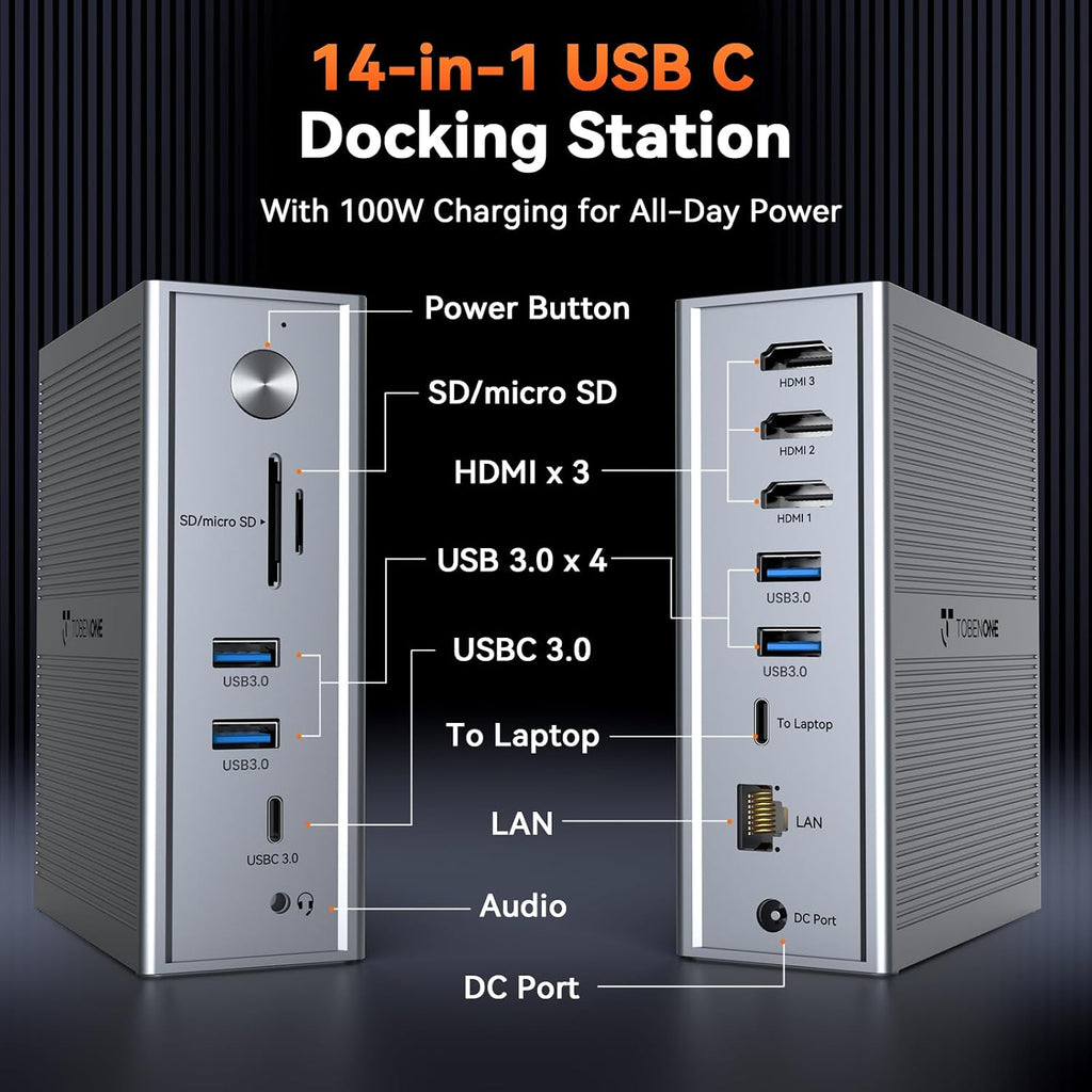 TobenONE USB C Docking Station for 3 Monitors 4K, Triple Monitor DisplayLink Dock with 120W Power Adapter, for MacBook M1-M5/Mac mini/Windows/Chrome, 3x HDMI, 5x USB, Gigabit Ethernet, Driver Required
