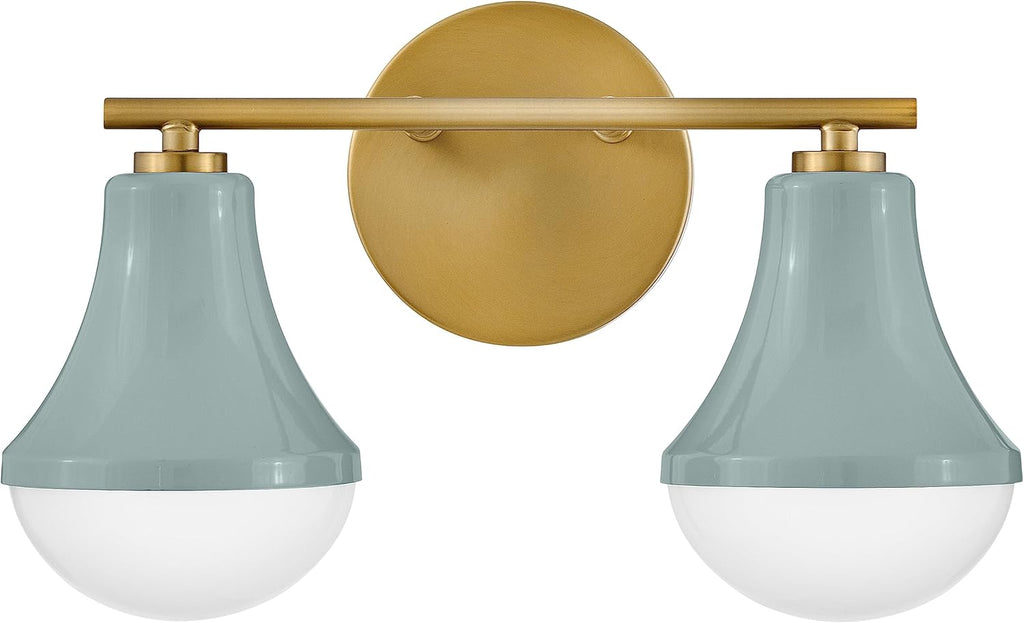 Lark Haddie 85512SF Modern Two-Light Bath Vanity, Fixture Mounts Up or Down, Shades Secured in Place, Seafoam and Lacquered Brass