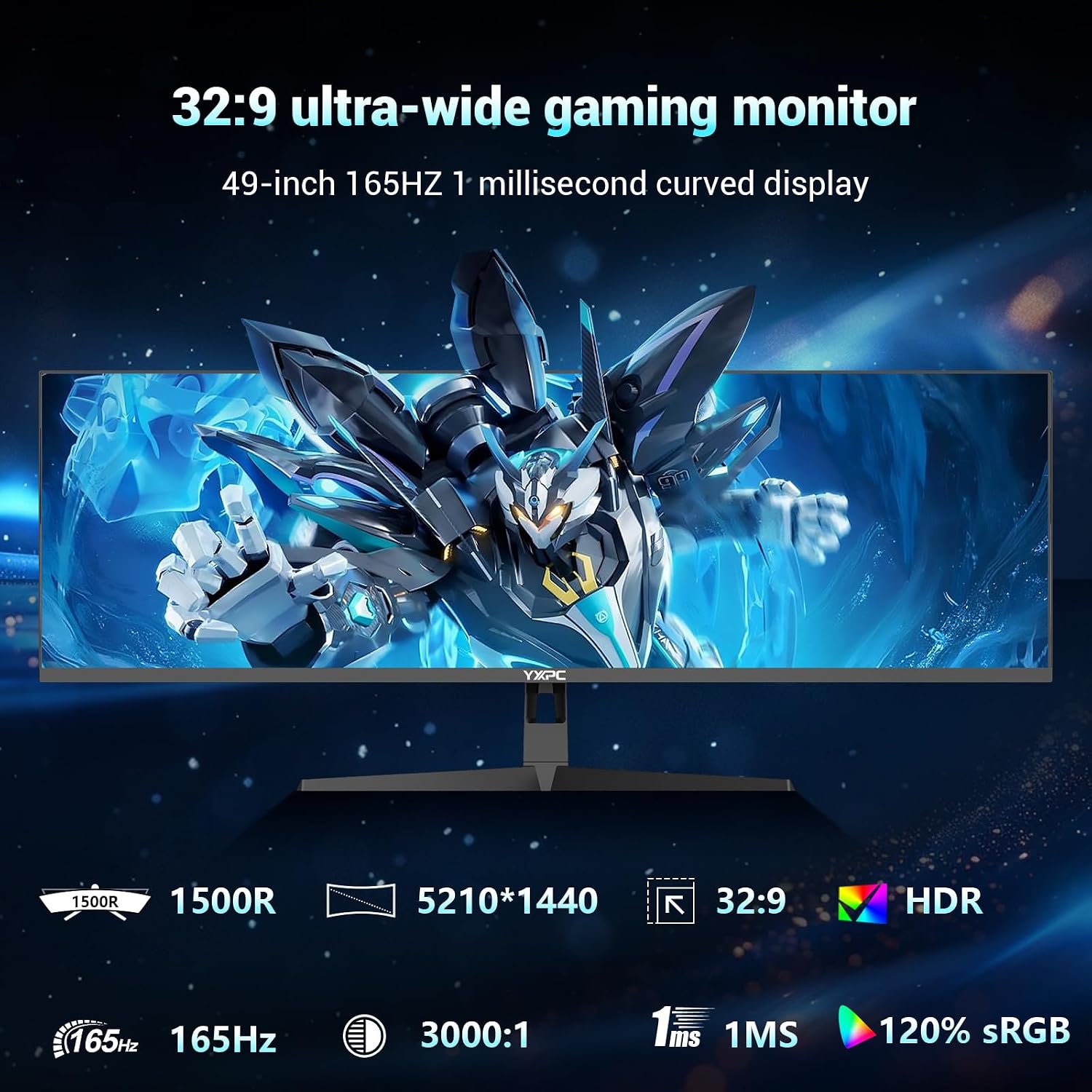 49' inch Curved Ultrawide Gaming Monitor DQHD 5120x1440 165Hz 32:9 1500R 120% sRGB FreeSync,HDR10,PIP/PBP,1ms MPRT,Eye Care,HDMI 2.1 * 2, DP1.4 * 2, VESA(100mm*100mm) Wall Mount Ready